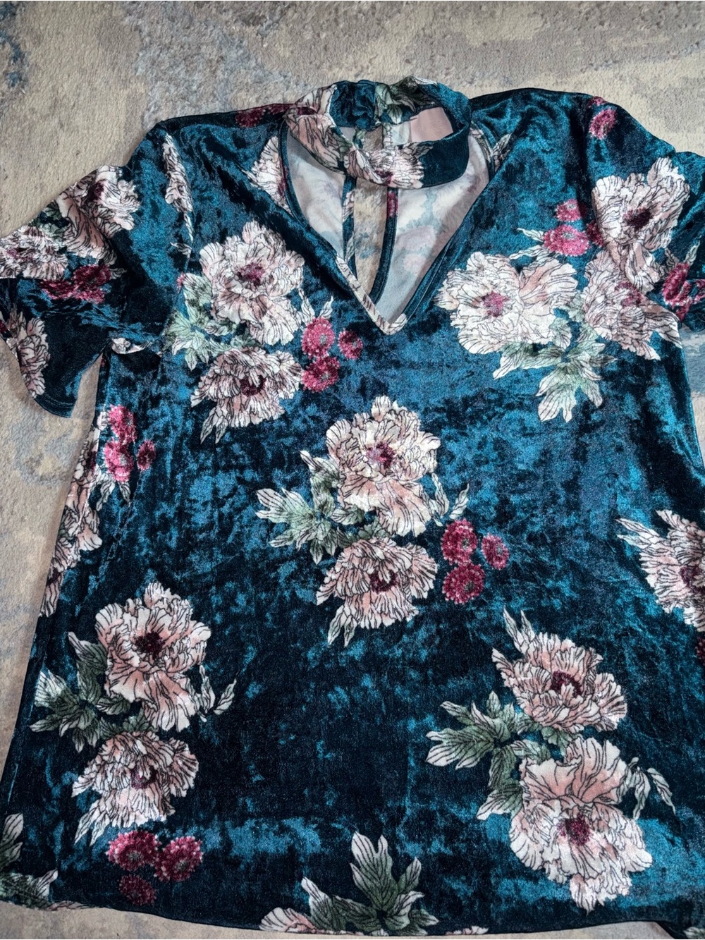 Karlie Teal Velvet Floral Choker V-Neck Top